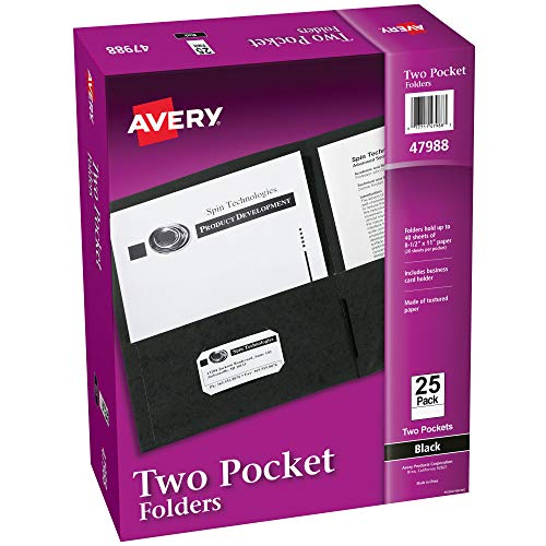 Avery Two Pocket Folders, Holds up to 40 Sheets, Business Card Slot, 25 Black Folders (47988) - style: 40 folders