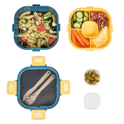 Restaurantware-Bento Tek 57.5 Ounce Bento Box, 1 Reusable Lunch Container - With Fork And Knife, Does Not Contain BPA, Blue And Yellow Plastic Reusable Lunch Box, Microwavable, Dishwashable - size: 1 Count, style: 58 oz - Blue