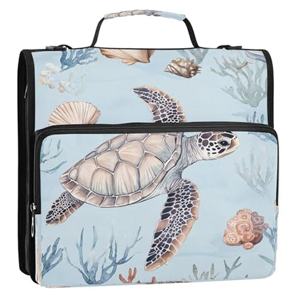 3 Ring Zipper Binder Watercolor Sea Turtle Binder Organizer Portfolio with File and Shoulder Strap & Handle Large Capacity File Folder - color: Sea Turtle