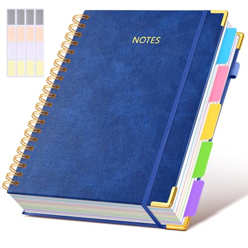 Hardcover Spiral Notebook 8.5"x11" Journal with Removable Dividers Tabs, 300 Pages Leather 5 Subject Notebook College Ruled, Large A4 Notebooks for Work School, Lined Journal for Women, A4 Navy - color: Navyblue, size: 8.5"x11"
