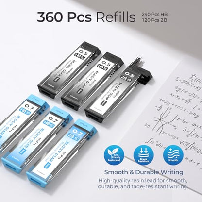 Nicpro Blocky Gear 0.5 mm & 0.7 mm Mechanical Pencils Set in Case, Metal Pencil with 6 Tube Lead Refills, Eraser, Eraser Refills for Professional & Adult Art Writing Drafting Drawing Sketching - style: 0.5 0.7 mm