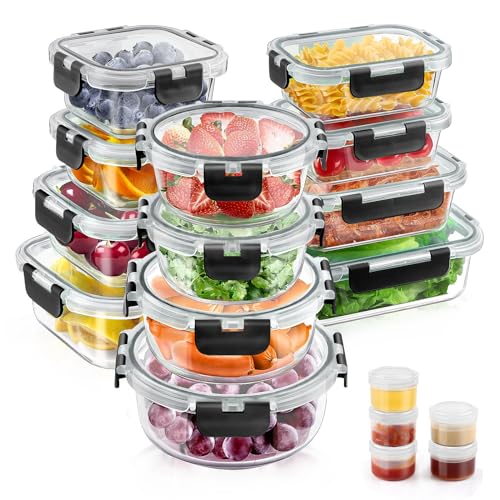 34pcs Glass Food Storage Containers with Lids Set, Airtight Glass Meal Prep Containers (17 Containers & 17 Lids), Leak Proof Lunch Container BPA-Free, Microwave, Oven, Freezer, Dishwasher Safe-Black - color: Black