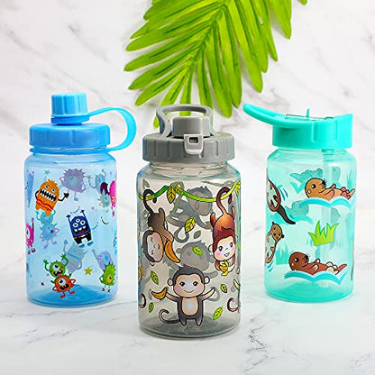 3 Pack 16oz Kid Water Drinking Bottle - BPA Free, Flip Straw Cap, Carry Loop, Chug Lid, Wide Mouth, Lightweight, Leak-Proof Water Bottle with Cute Design For Girls & Boys - Animals - color: Animals