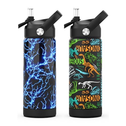 Boys Water Bottle with Straw,18 oz Kids Insulated Cups with Stainless Steel Leak Proof for School,Sport&Travel（2pack，Lightning+Dinosaur） - color: C13.Lightning+Dinosaur