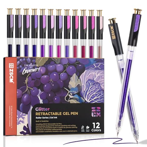 ZSCM Retractable Glitter Gel Pens, 12 Colors Large Capacity Purple Glitter Metallic Gel Ink Pens, 1 mm Fine Point Smooth Writing Color Pens for Adult Coloring Book Note Taking Aesthetic Art Supplies - color: 12 Purple