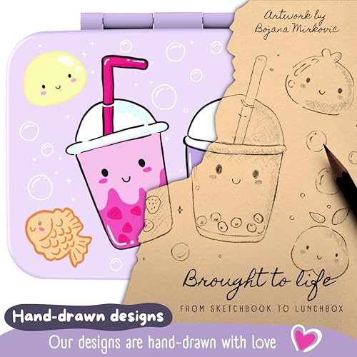BEARFOOT Kids Lunch Box with Compartments – Compact & Lightweight | Leak-Proof, BPA-Free, Dishwasher Safe | Hand-Drawn Design for Preschool, School, Travel (BubbleTea Purple, 4 Cups) | BPA Free Leakproof Lunch Box with Compartments School & Nursery for Gi