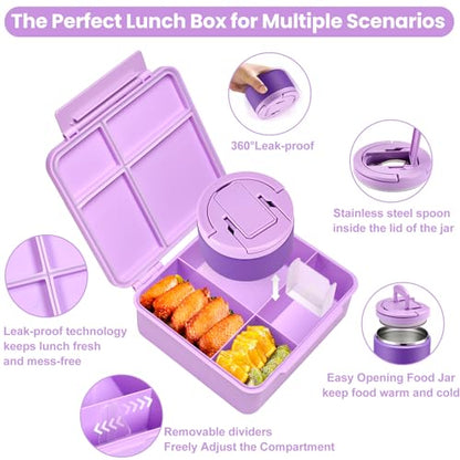 Bento Lunch Box for Kids with 8oz Soup Thermo,Kids Leakproof Lunch Food Containers with 4 Compartment,Kid Insulated Thermo Hot Food Jar for School,Trvael-Purple - color: Purple