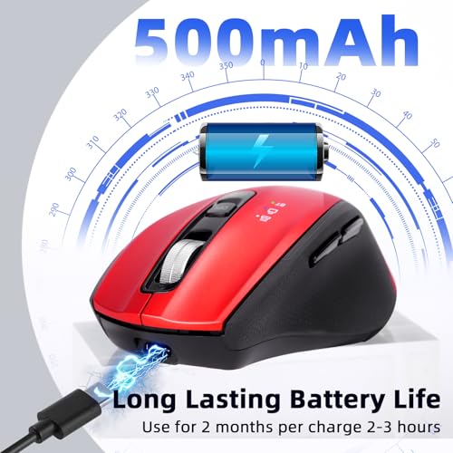 Wireless Bluetooth Mouse with USB-A, USB-C Receiver, Rechargeable, 3-Device, Full-Size, Silent Click, Ergonomic Mice for MacBook/Laptop/Computer/Tablet/PC/iPad-Red - color: Red