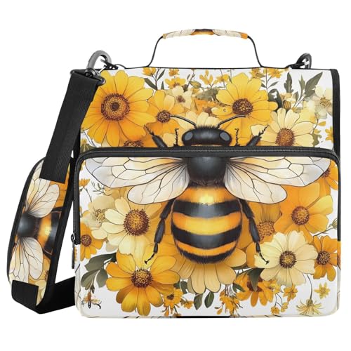3 Ring Zipper Binder with Shoulder Strap Yellow Daisy Bee Bumblebees 1.5 inch Binders Keeper Large Capacity Multi Pockets for School Office Supplies - color: Multi3110, size: Fit 500 Sheets