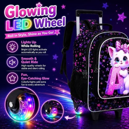 CCJPX 18" Cat Rolling Backpack for Girls, 3Pcs Kids Glow Wheels Bookbag with Lunch Box, Lightweight Roller School Bag for Elementary Preschool (Black) - color: A-star Cat(with Glowing Wheels)