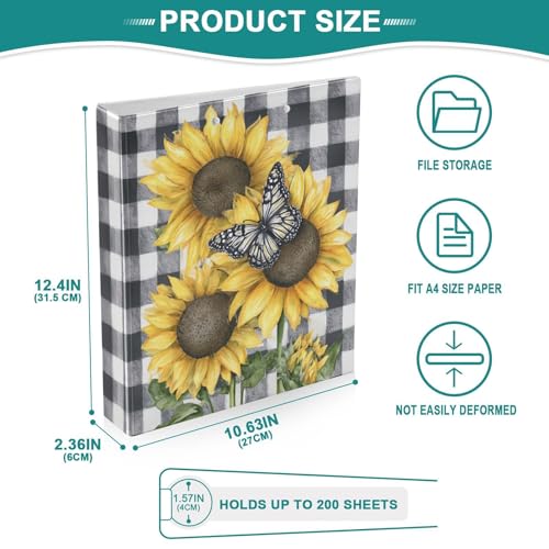 Buffalo Plaid Farmhouse Sunflower Binder 3 Ring 1.5 Inch Binder with Clipboard&Pockets, Hardcover Binders Heavy Duty Large File Folder for Office School Supplies - Holds 200 Sheets - color: Checkered Bg Rustic Sunflower, size: 1 Pack-12.4x10.63in