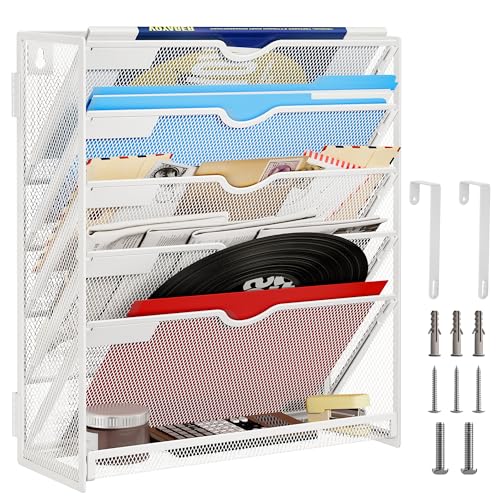 Lavatino 6-Tier Hanging File Organizer, Wall Mount File Holder for Mails Folders Papers Magazine Organization, Vertical Document Organizer for Office Home - (White)