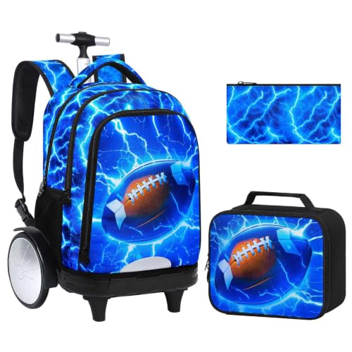 UFNDC Big Wheel Rolling Backpack, Water-Resistant Boys Bookbag with Wheels & Lunch Box & Pencil Case, 3-Pack Kids Wheeled School Bag Travel Set - Lightning Rugby - color: Rolling Backpack Lightning Rugby Blue