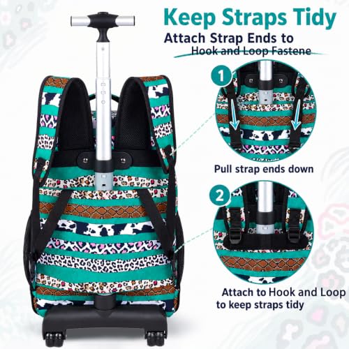 AGSDON Bold Leopard Stripe Wheeled Backpack Set – 20” Girls Rolling Bookbag with Matching Lunch Box for Travel, Commute & School | Water-Resistant Fashion Roller Organizer in Green - color: Rolling Backpack Set - Leopard Stripe Green