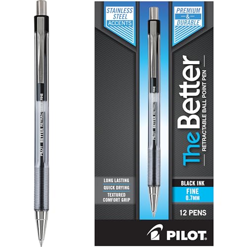 Pilot The Better Ball Point Pen, Refillable & Retractable Ballpoint Pens, Fine Point 0.7mm, Black Ink, 12-Pack - color: Black Ink, size: 12 Count (Pack of 1), style: Fine Point