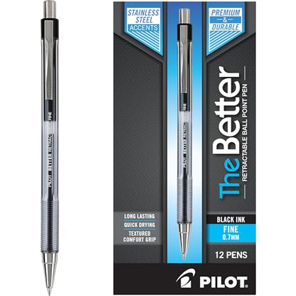 Pilot The Better Ball Point Pen, Refillable & Retractable Ballpoint Pens, Fine Point 0.7mm, Black Ink, 12-Pack - color: Black Ink, size: 12 Count (Pack of 1), style: Fine Point