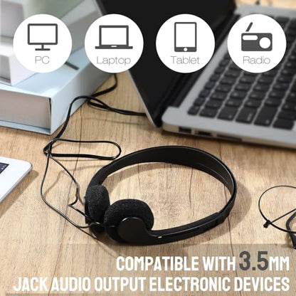 Konohan 30 Pack Bulk Classroom Headphones Wired Black Adjustable Over Ear Earbuds Headphones with 3.5 mm Plug for Teen Adults Students Schools Library Computer Labs Office Airplane