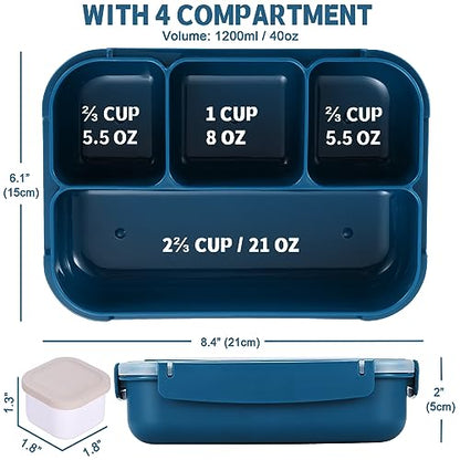 shell and turtle Bento Box Adult Lunch Box, Kids Lunch Containers for School with 4 Compartments, with Utensils, Sauce Jar, Muffin Liners, Microwave Safe, Navy - color: Navy