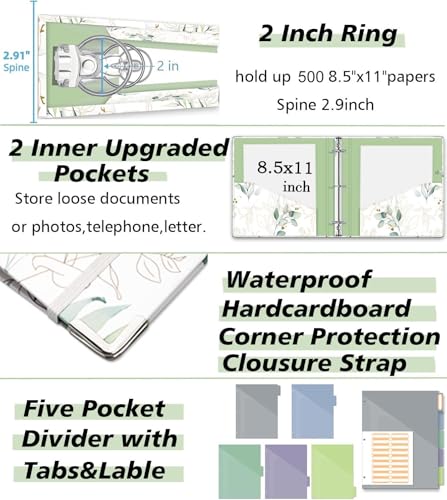 3 Ring Binder 2 Inch, Three Ring Binders Organizer with Clipboard, 5-Tabs Pockets Dividers, Plastic Folder, 18 Divider Stikers, KLLVE Cute Binder with Pen Loop (Leaves, Letter Size) - color: Leaves, size: 2in（Letter Size）