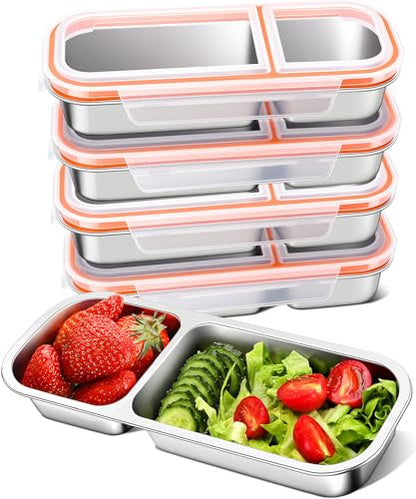 KTKUDY 5 Pack Stainless Steel Snack Containers for Kids & Adults - Large - Leek Proof Metal Bento Lunch Box with 2 Compartment for Daycare, School, Work, Travel - Stackable Snack Bento Box - size: 5 Pack-2 Sections