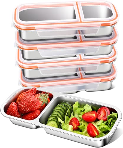 KTKUDY 5 Pack Stainless Steel Snack Containers for Kids & Adults - Large - Leek Proof Metal Bento Lunch Box with 2 Compartment for Daycare, School, Work, Travel - Stackable Snack Bento Box - size: 5 Pack-2 Sections