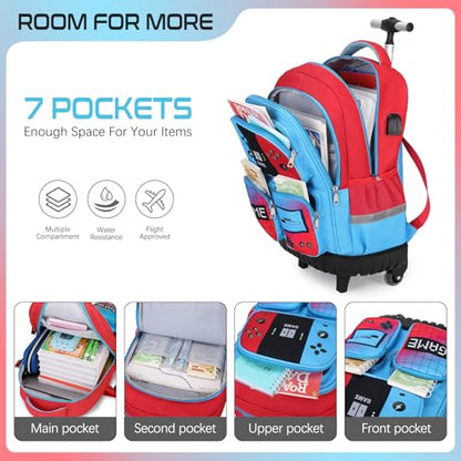 Jafeton Rolling Backpack for Boys, 3 PCS Gamer Boy Backpack Set with Lunch Box & Pencil Pouch, Roller Wheels School bag for Boys Kids Teens, Elementary Middle School, Kids Bookbag Casual Daypack - color: Red Blue