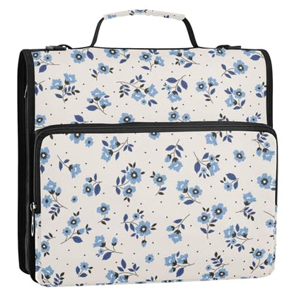 Fisyme Floral Blue Flowers Zipper Binder 3 Ring with Zipper and Shoulder Strap Large Capacity Multi-Pocket Zipper Binder Organizer - color: Multi-cream