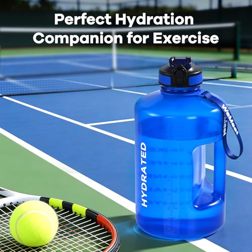 WEMEET 1 Gallon Water Bottle with Handle, 128oz LeakProof Reusable Gym Water Bottle with Capacity Scale, BPA Free, Ideal for Gym and Outdoor Life (Blue) - color: Blue