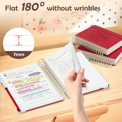 QIYVLOS Hardcover Spiral Notebook, B5 Journal with Removable Dividers Tabs, 5 Subject Notebook College Ruled, 320 Pages 8"x10" Leather Notebooks for Work School Study, Lined Journal for Women, Red - color: B5/Red