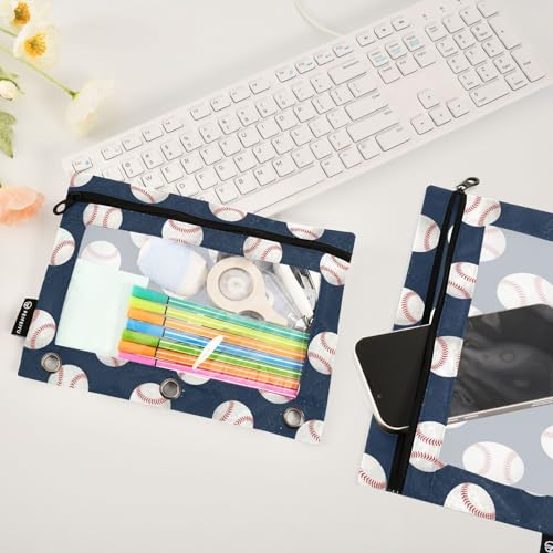 Baseball Pencil Pouches for 3 Ring Binder, Zipper Binder Pencil Case, 2 Pack Clear Window Case Bag for Office Organizers - color: Baseball 1