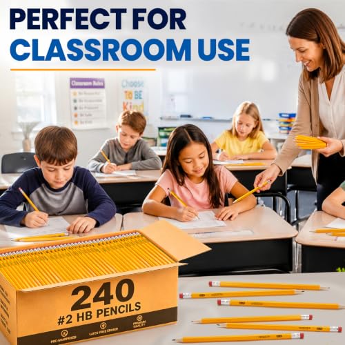 240 Pack #2 HB Pre-Sharpened Wood-Cased Graphite Pencils Bulk Pack with 24 Pencil Sharpeners and Top Erasers, for Writing, Drawing and Sketching, School, Classroom, Office & Standardized Testing (240)