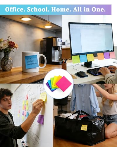 6 Pack Bright Color Sticky Notes 3x3 Inch, 100 Sheets/Pad 600 Total, Adhesive Memo Pads for Office School Home Organization