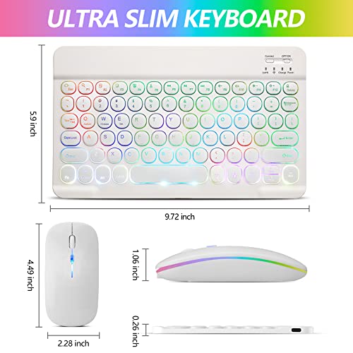 Ultra-Slim Lightweight Bluetooth Keyboard and Mouse Portable Mini Wireless Keyboard Rechargeable 7-Color Backlit for Apple iPad iPhone,Tablet iPhone Smartphone iOS Android Windows,Round Keys White - color: white