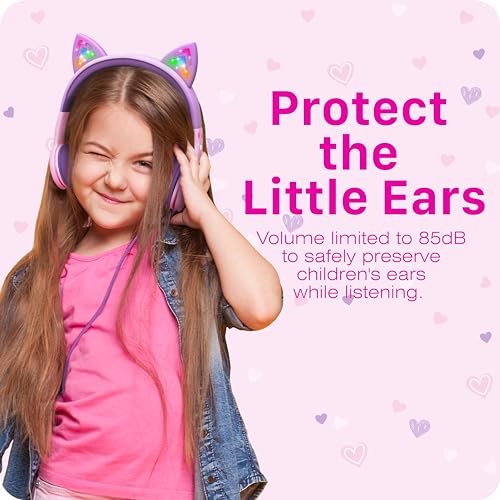 FosPower Kids Headphones with LED Cat Ears (85dB Safe Volume Limit), 3.5mm Soft On-Ear Wired Headphones with Tangle-Free Laced Cables for iPad/Tablet/School/Travel - Baby Pink/Lavender - color: 03 - Baby Pink/Lavender