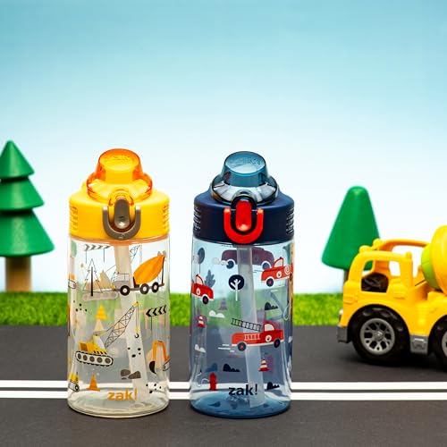Zak Designs Sage Kids Water Bottle For School or Travel, 16oz Durable Plastic Water Bottle With Straw, Handle, and Leak-Proof, Pop-Up Spout Cover, 2-Pack Set (Construction and Rescue) - color: Construction and Rescue