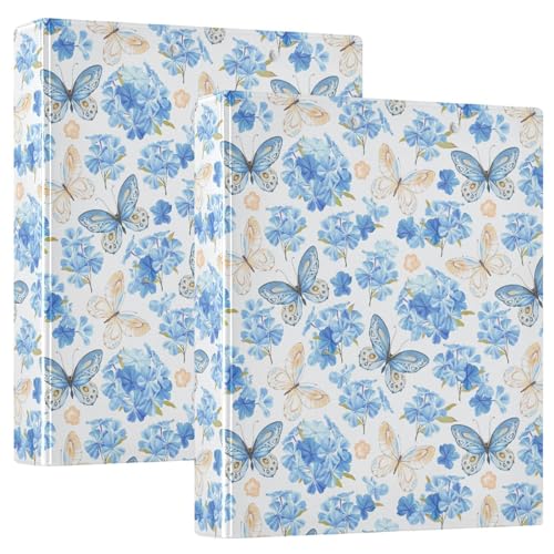 Retro Blue Butterfly and Hydrangea Flower 3 Ring Binder 1.5" Decorative D-Ring Binder with Clipboard&3 Clear Pockets, Holds 200 Sheets A4 Size Paper Waterproof Binders for School Home Office|2 Pack - color: Blue Butterfly and Hydrangea, size: 12.4x10.63x2