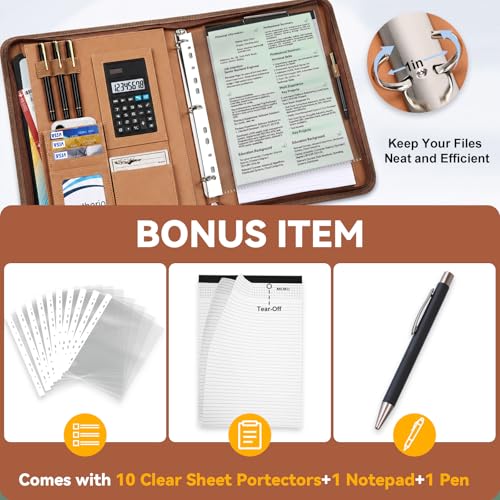 Leathario Portfolio Binder, Includes 5 Sheet Protectors and a Pen, 13 Inch Tablets Organizer, Vegan Leather A4 Padfolio, Multi-Pocket Notepad Business Planner Professional Document - color: Relief Brown