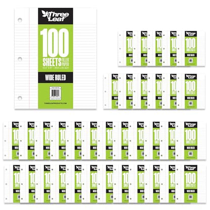 THREE LEAF 100 SHEETS WIDE RULED FILLER PAPER, PACK OF 36, LOOSE-LEAF SHEETS FOR SCHOOL AND OFFICE 100 CT. FILLER PAPER, NOTEBOOK PAPER - color: Wide Ruled, size: Pack of 36
