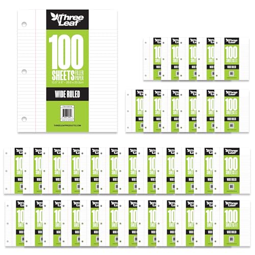 THREE LEAF 100 SHEETS WIDE RULED FILLER PAPER, PACK OF 36, LOOSE-LEAF SHEETS FOR SCHOOL AND OFFICE 100 CT. FILLER PAPER, NOTEBOOK PAPER - color: Wide Ruled, size: Pack of 36
