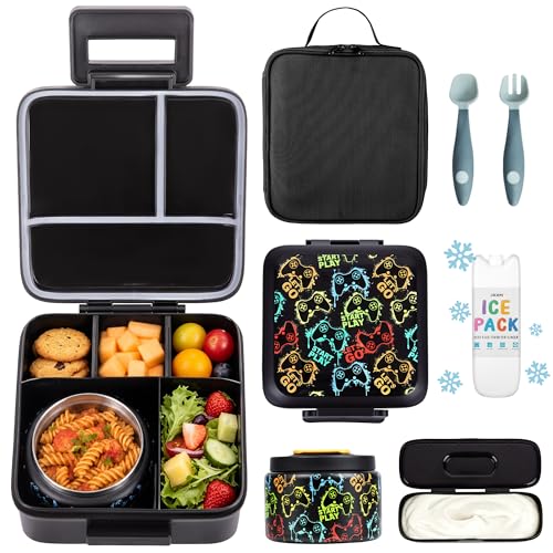 JXXM Bento Lunch Box for Kids With 8oz Soup thermo,Leak-proof Lunch Containers with 5 Compartment,thermo Food Jar and Lunch Bag, Food Containers for School (A-Black(Game Consoley)) - color: Black Game Consoley