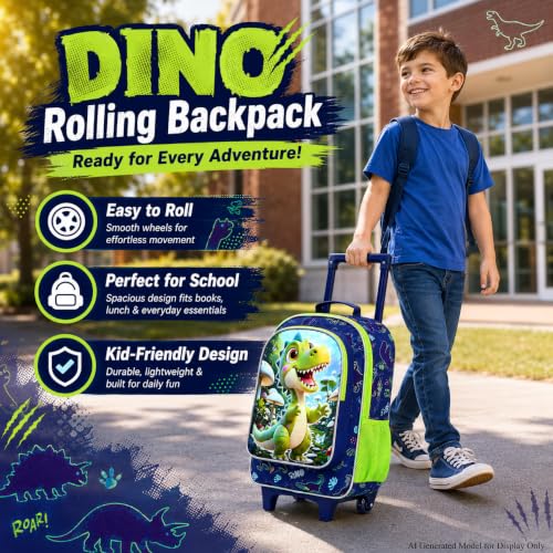 WZLVO 3PCS Boys Rolling Backpack, 18" Dinosaur Print School Bag with Wheels, Includes Matching Lunch Bag & Pencil Bag - Green Dino Adventure - color: 3PCS Boys Rolling Backpack - Green Dino Adventure