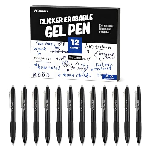 Volcanics Retractable Erasable Gel Pens Soft Black 12 Pack, 0.7mm Click Erasable Gel Ink Pens for Smooth Writing & Easy Erasing, Refillable Erasable Click Pens for School Office Supplies - color: Black