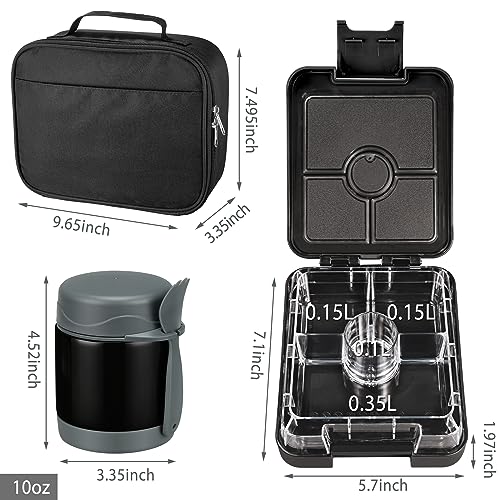 Bento Lunch Box Set for Kids with 10oz Soup Thermo, Leak-Proof Lunch Containers with 4 Compartment, Kids Thermo Hot Food Jar and Insulated Lunch Bag for Kid to School,BPA-Free(Black) - color: Black