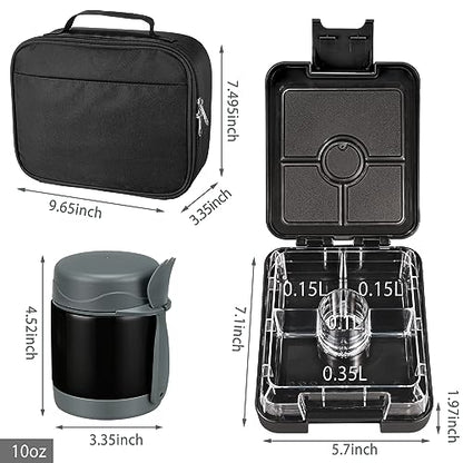 Bento Lunch Box Set for Kids with 10oz Soup Thermo, Leak-Proof Lunch Containers with 4 Compartment, Kids Thermo Hot Food Jar and Insulated Lunch Bag for Kid to School,BPA-Free(Black) - color: Black