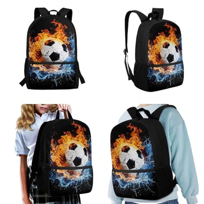 CLOHOMIN Fire Water Football Backpack and Lunch Box Set of 3 Elementary School Bookbag for Kids 5th Grade Thermal Lunchbox Water Bottle Holder Children Book Bag for Boys Girls 7-9 Lunch Bag - color: Fire Water Football