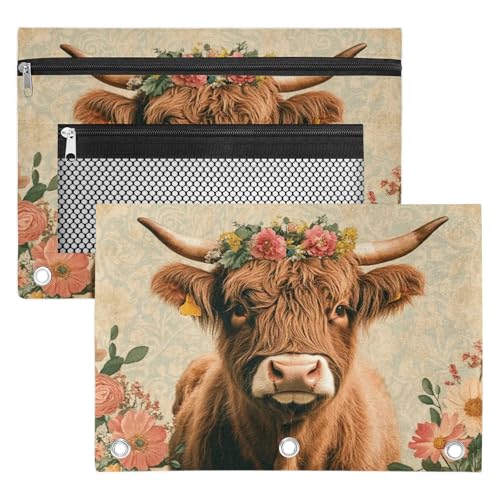 Highland Cow Pencil Pouch for 3 Ring Binder Vintage Cattle Flowers Pencil Case Bag with Clear Window Zipper Pockets for Kids Girls Boys Students School College Supplies 2 Pack - color: Yellow Brown Pink
