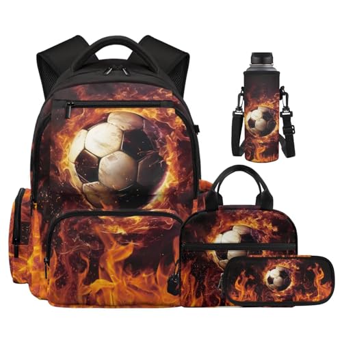 Soccer Backpack for Boys Girls Backpack with Lunch Box Water Bottle Pouch and Cute Pencil Case 4PCS Set Bookbag with Front Pocket for School 17 in Large Elementary Middle High School Bag - color: Flaming Soccer