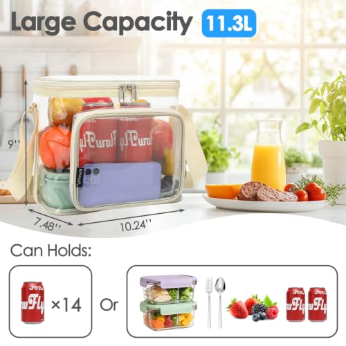 FlowFly Insulated Reusable Lunch Bag Adult Large Lunch Box for Women and Men with Adjustable Shoulder Strap,Front Zipper Pocket and Dual Large Mesh Side Pockets,Clear#Biege - color: Clear#Biege