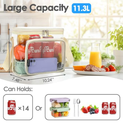 FlowFly Insulated Reusable Lunch Bag Adult Large Lunch Box for Women and Men with Adjustable Shoulder Strap,Front Zipper Pocket and Dual Large Mesh Side Pockets,Clear#Biege - color: Clear#Biege