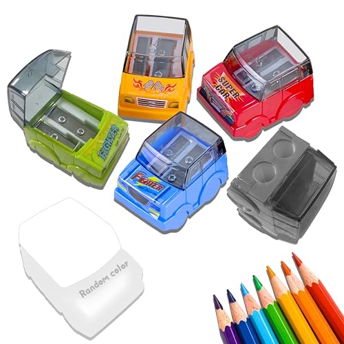 Pencil Sharpener,6PCS Car Shape Manual Pencil Sharpeners,Dual Hole Sharpener with Lid,Handheld Rotary Pencil Sharpener for Students School Supplies,Class Home Office or Art Studio(One Assorted Color)